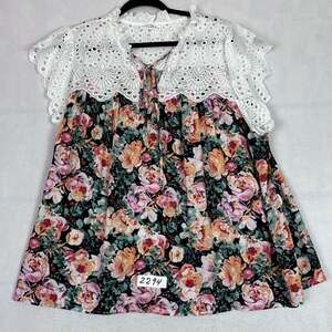 Emily Wonder Blouse 3X Floral Short Sleeve  Eyelet Tie Detail Cottagecore